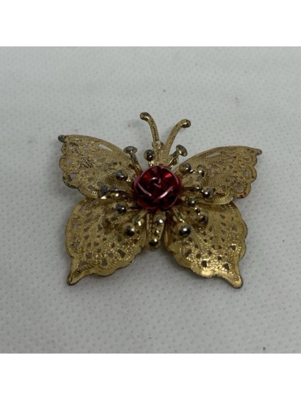 Vintage Gold Tone Butterfly Brooch Red Rose Rhinestone Filigree Pin